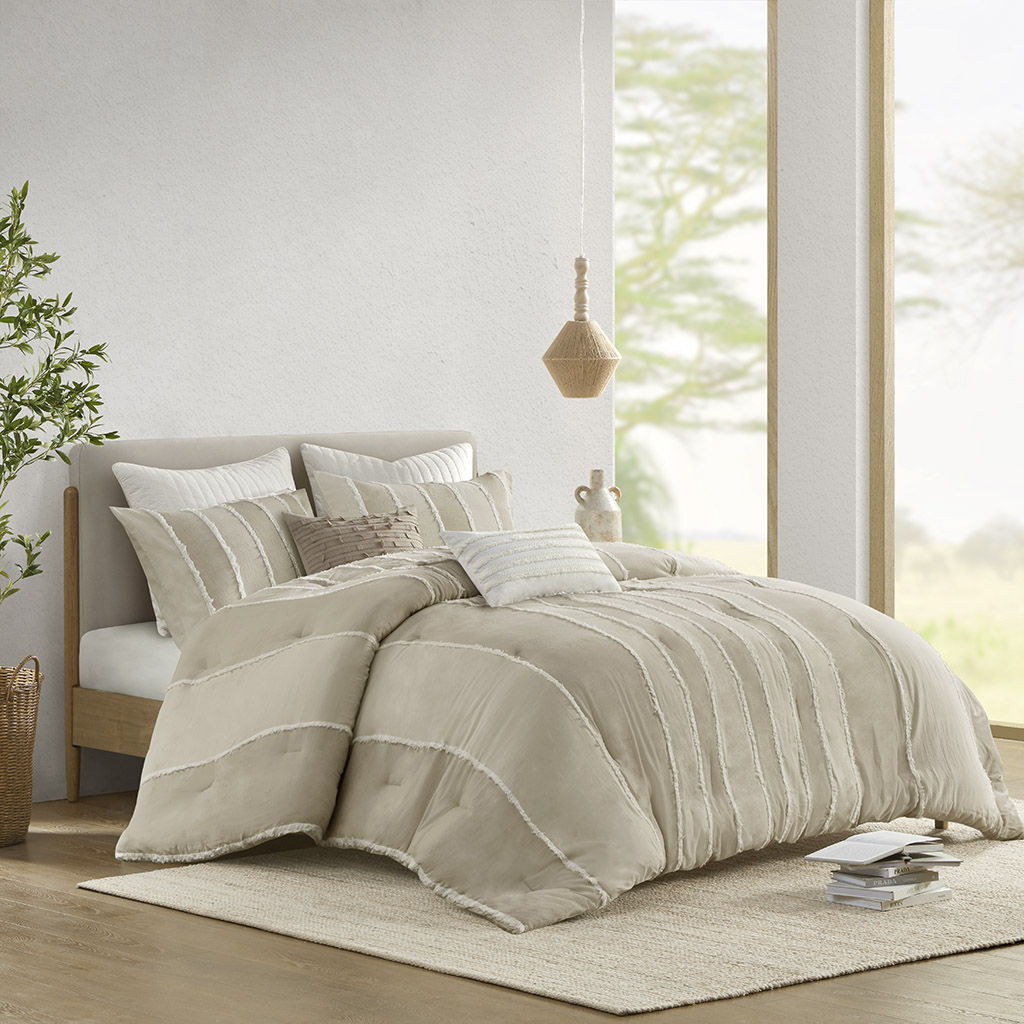 Shay - 3 Piece Striped Cotton Comforter Set - Taupe INK+IVY