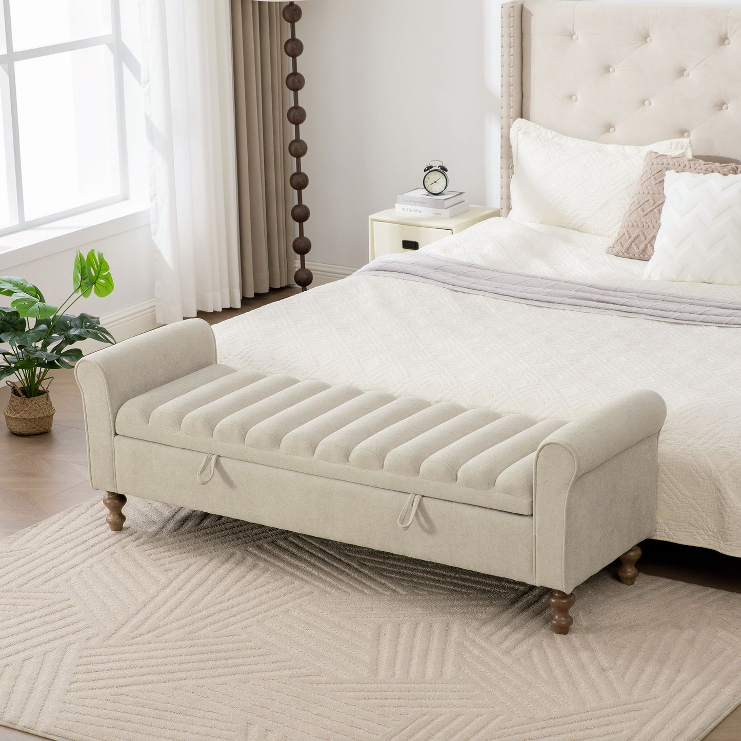 Wide Upholstered Storage Bench With Rolled Armrest For Bedroom - Griege Home Essentials