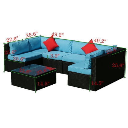 5 Pieces Rattan Sectional Outdoor Furniture Cushioned U Sof Set With 2 Pillow - Black / Blue Home Essentials