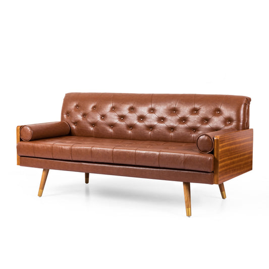 Adelaide - Mid Century Modern Tufted Sofa With Rolled Accent Pillows - Light Brown Noble House