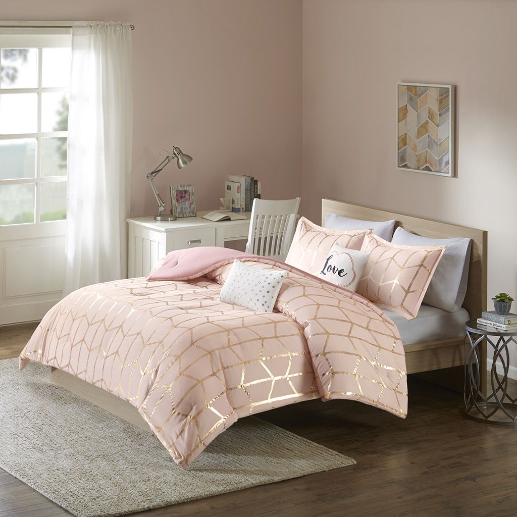 Raina - King Metallic Printed Comforter Set - Blush / Gold