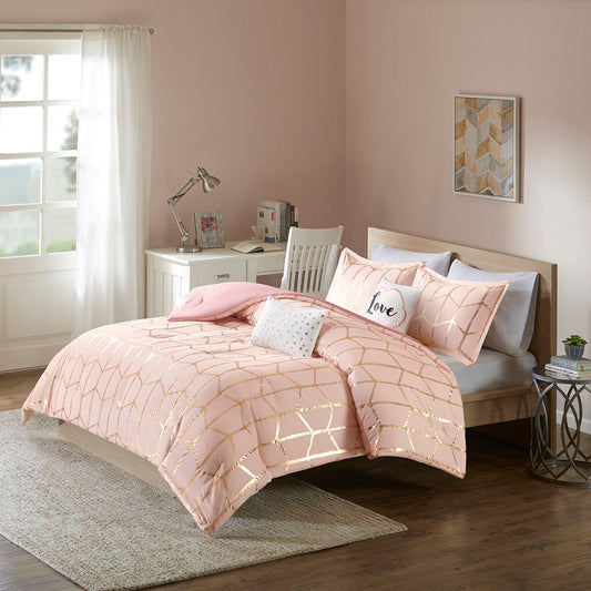 Raina - King Metallic Printed Comforter Set - Blush / Gold