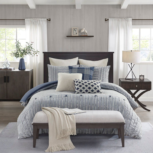 Essence - Oversized Cotton Clipped Jacquard Comforter Set With Euro Shams and Throw Pillows - Light Blue Madison Park Signature