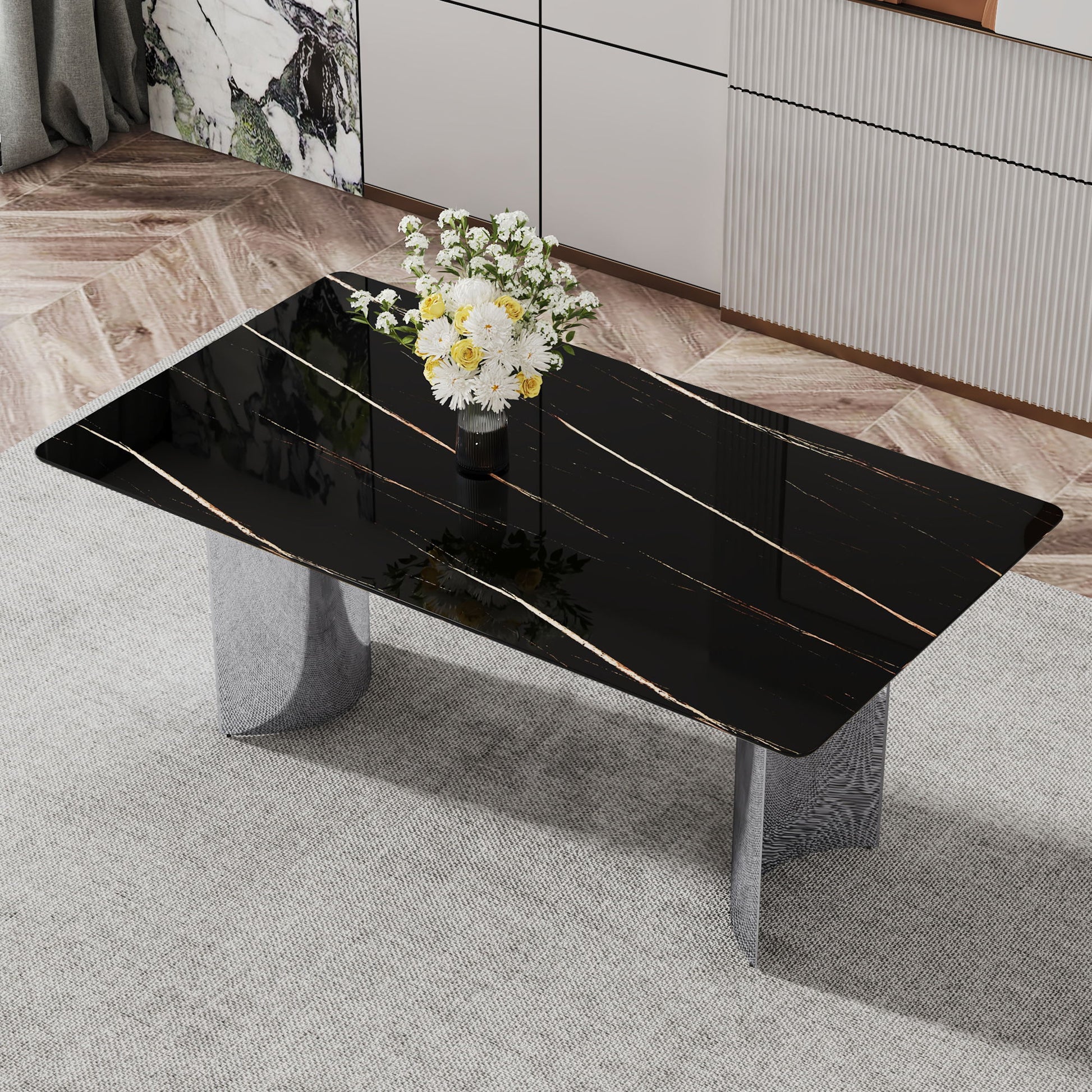 Modern Minimalist Dining Table With Imitation Marble Glass Desktop And Metal Legs Home Essentials