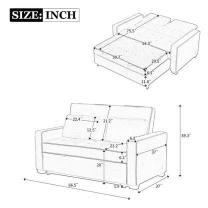 Upholstered Sleeper Bed, Pull Out Sofa Bed Couch Attached Two Throw Pillows, Dual USB Charging Port And Adjustable Backrest