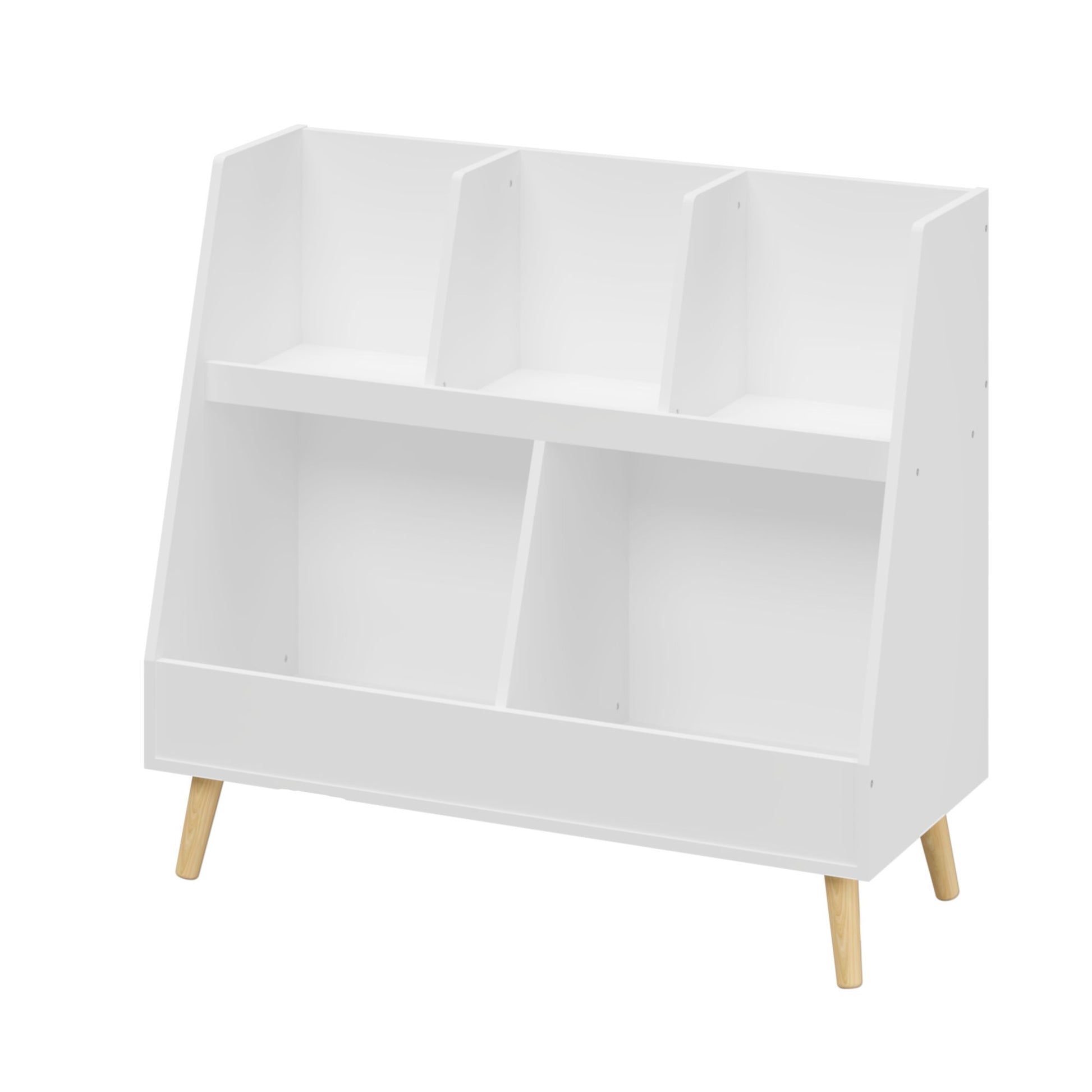 Kids Bookshelf And Toy Organizer, 5 Cubbies Wooden Open Bookcase, 2-Tier Baby Storage Display Organizer With Legs, Free Standing For Playing Room, Bedroom, Nursery, Classroom - White Home Essentials