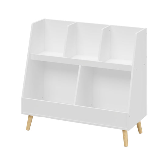 Kids Bookshelf And Toy Organizer, 5 Cubbies Wooden Open Bookcase, 2-Tier Baby Storage Display Organizer With Legs, Free Standing For Playing Room, Bedroom, Nursery, Classroom - White Home Essentials