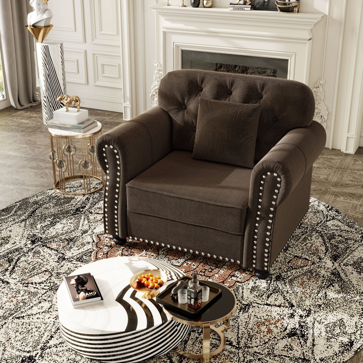 Upholstered Sofa With Nailhead Trim And Rolled Armrests Home Essentials