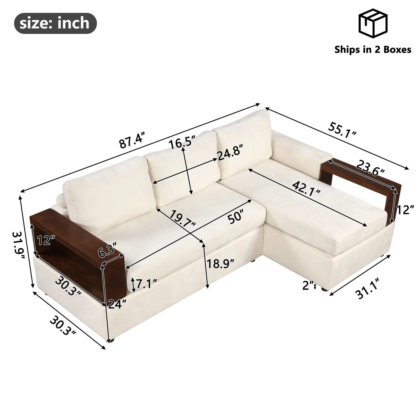 Sectional Sofa Upholstered Sofa Couch With Reversible Armrests For Living Room Noble House