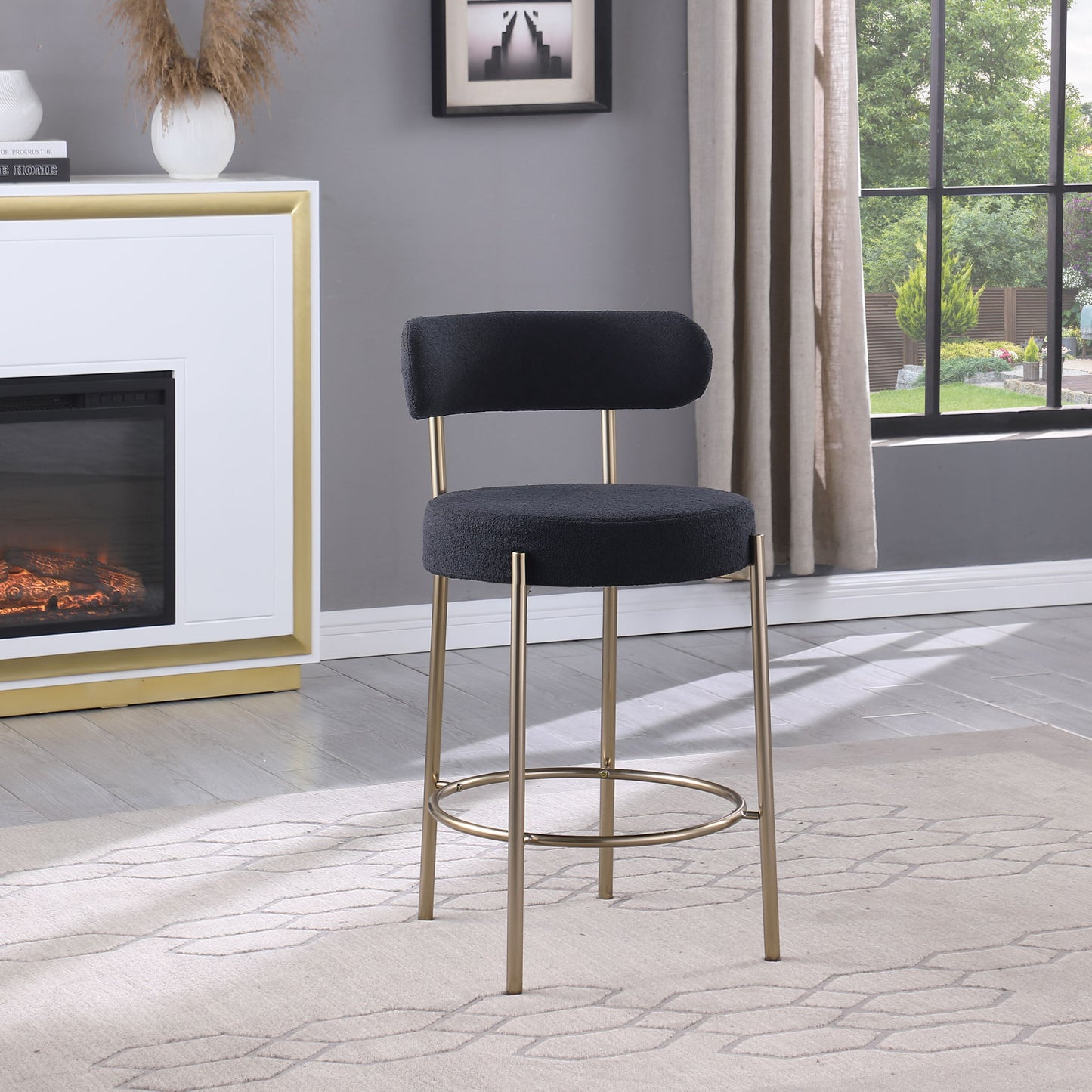 Modern Sherpa Counter Height Stools, Uphsoltered Seat Height Barstools With Brushed Brass Metal Legs Round Low Back Kitchen Stools With Footrest For Dining Room (Set of 2) Home Essentials