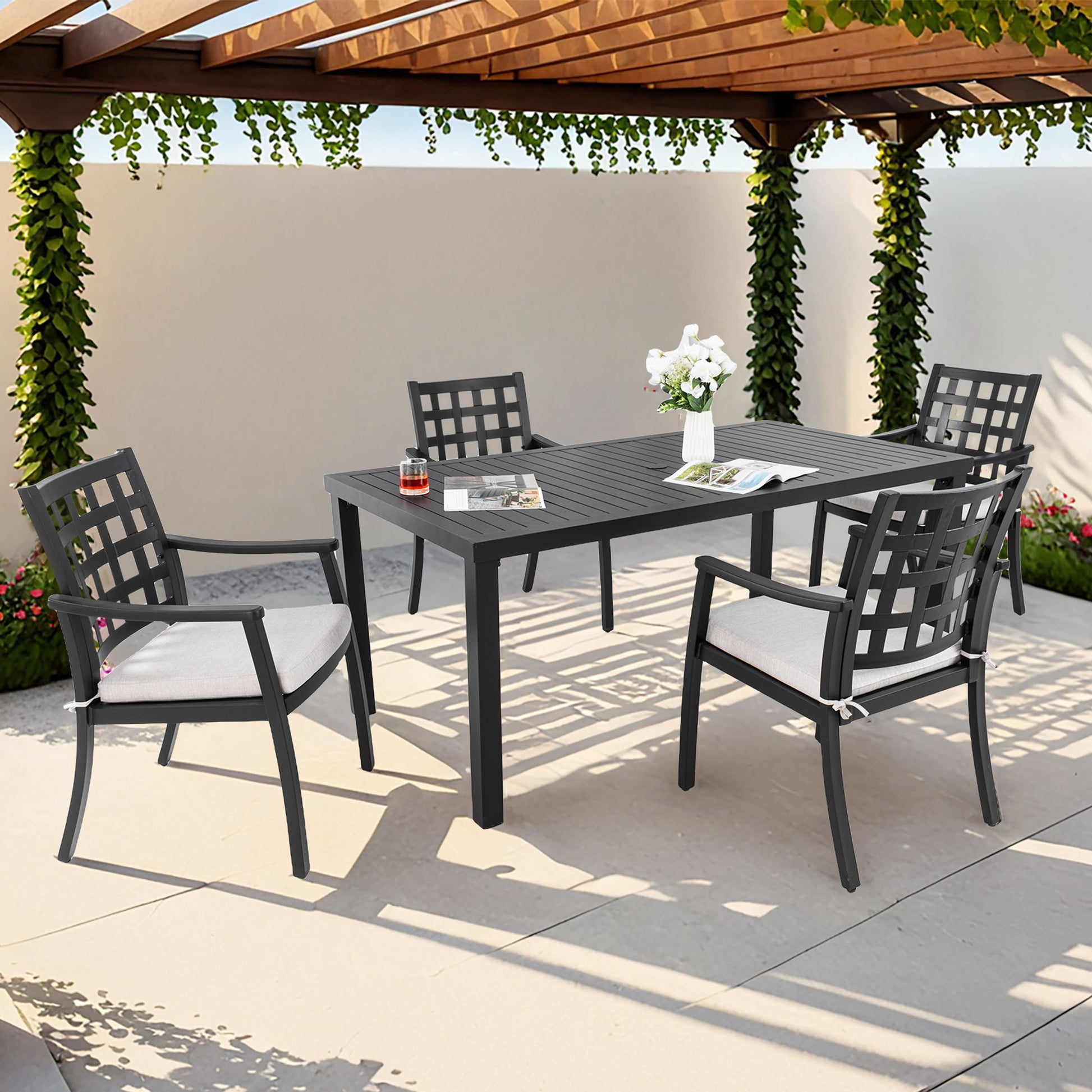 5 Pieces Outdoor Patio Dining Set, Rectangular Table And 4 Stationary Dining Chairs - Ember Black Life Outside