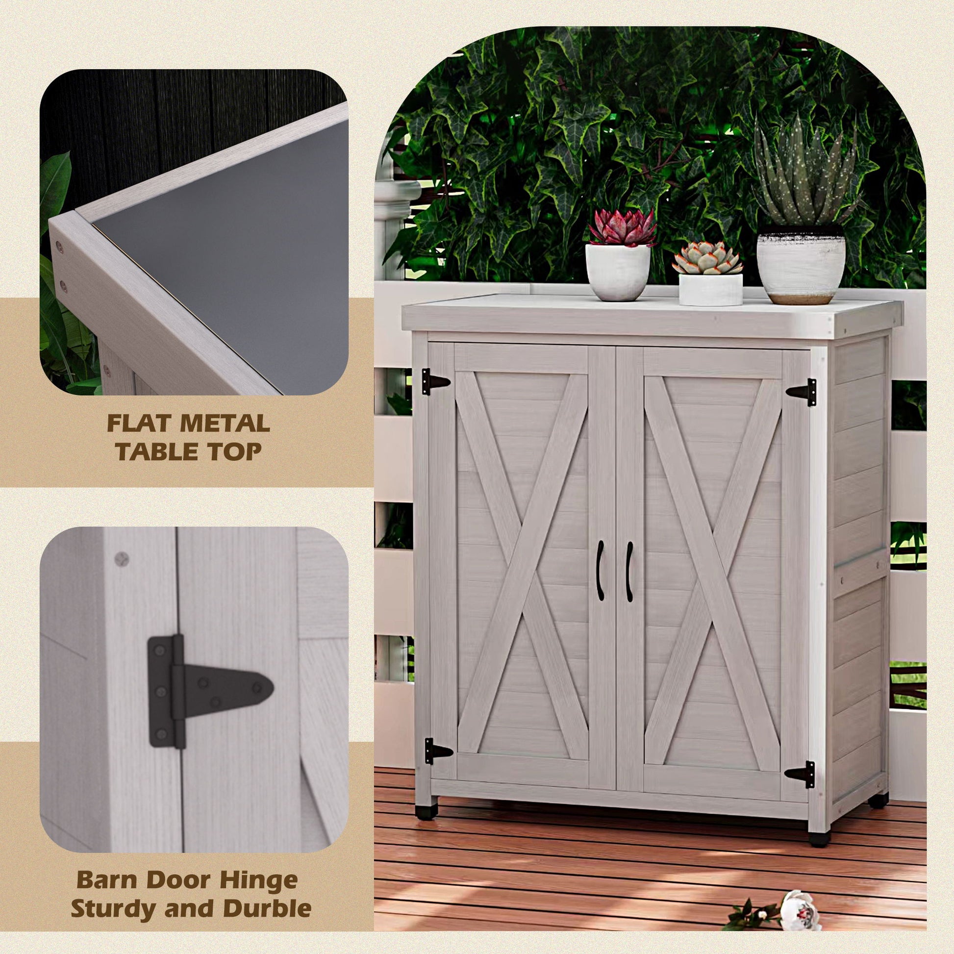 Rustic Cedar Wood Potting Bench With Storage Cabinet And Metal Top For Outdoor Patio - Gray Home Essentials