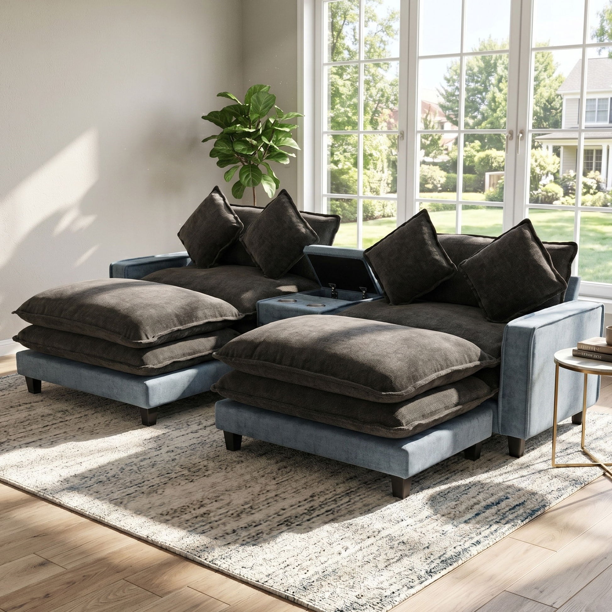 Sectional Sofa With Removable Ottomans, USB Ports, Cup Holders & Storage - Gray / Light Blue Hearth and Haven