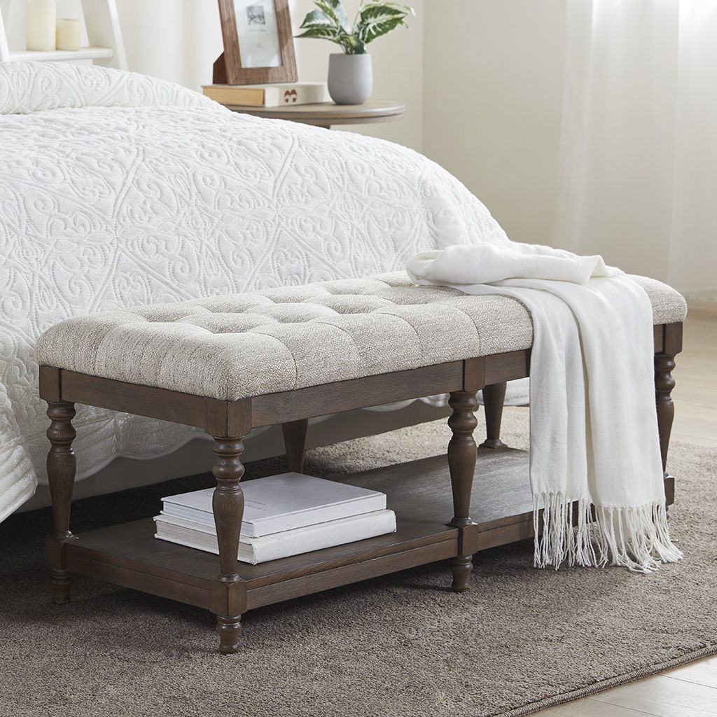 Highland - Tufted Accent Bench With Shelf - Ivory