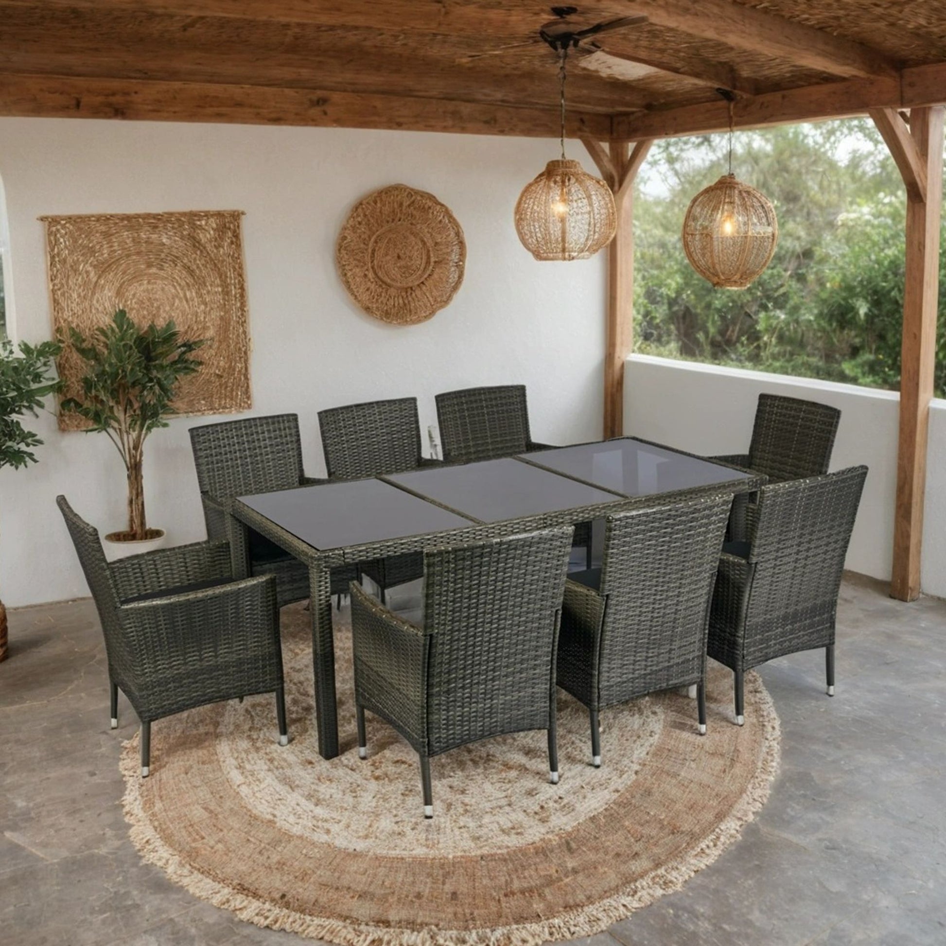 9 Piece Outdoor Patio Wicker Dining Set Patio Wicker Furniture Dining Set Glass Top - Gray / Black Home Essentials