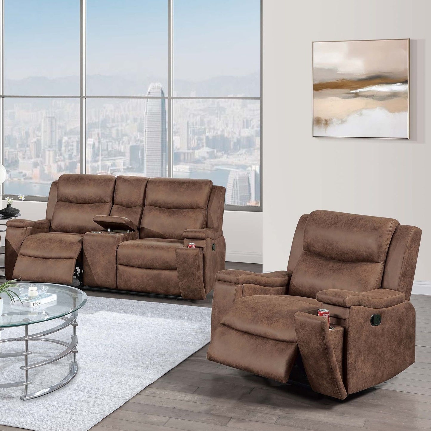 Modern Manual Motion Living Room Set & Hidden Cup Holders Home Essentials