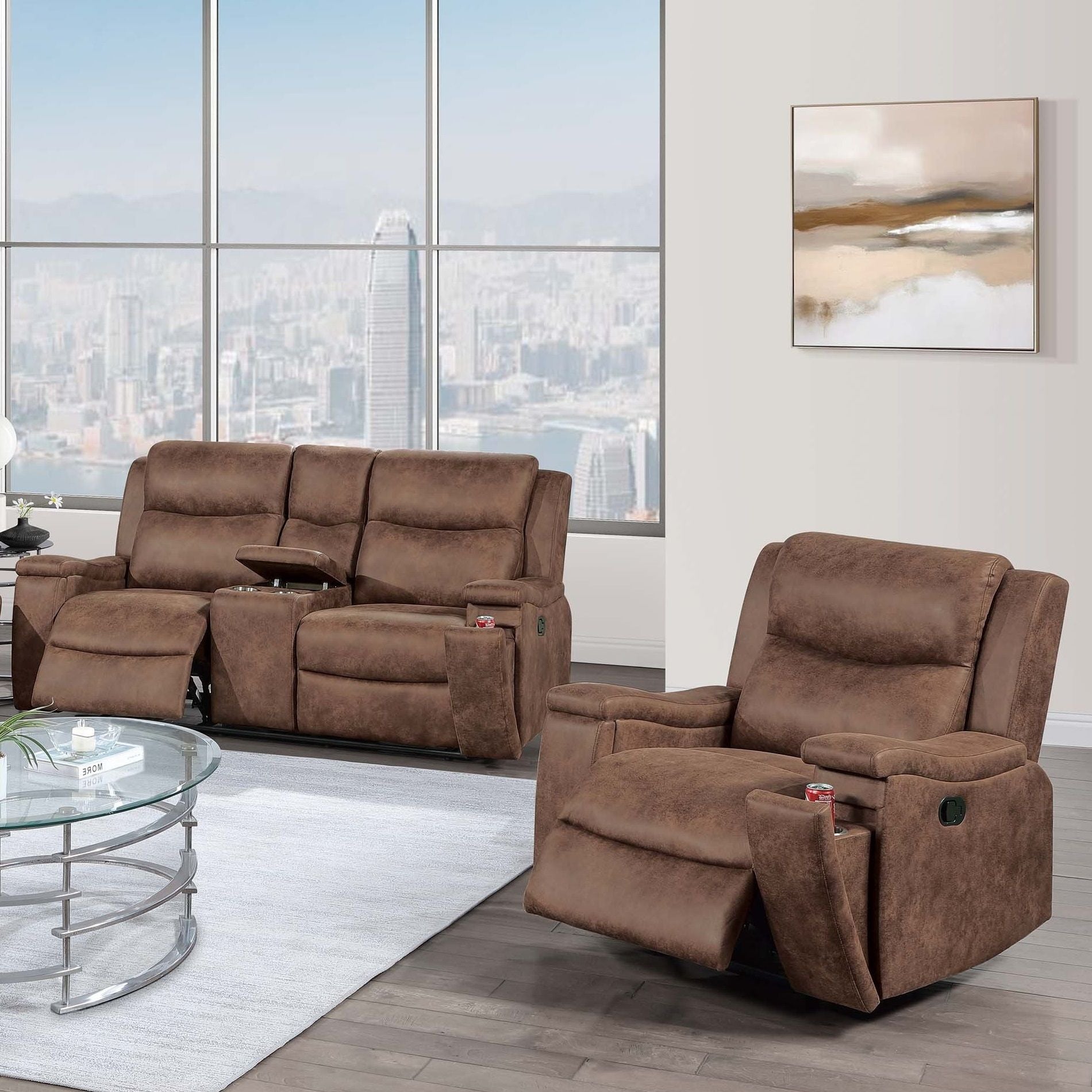 Modern Manual Motion Living Room Set & Hidden Cup Holders Home Essentials