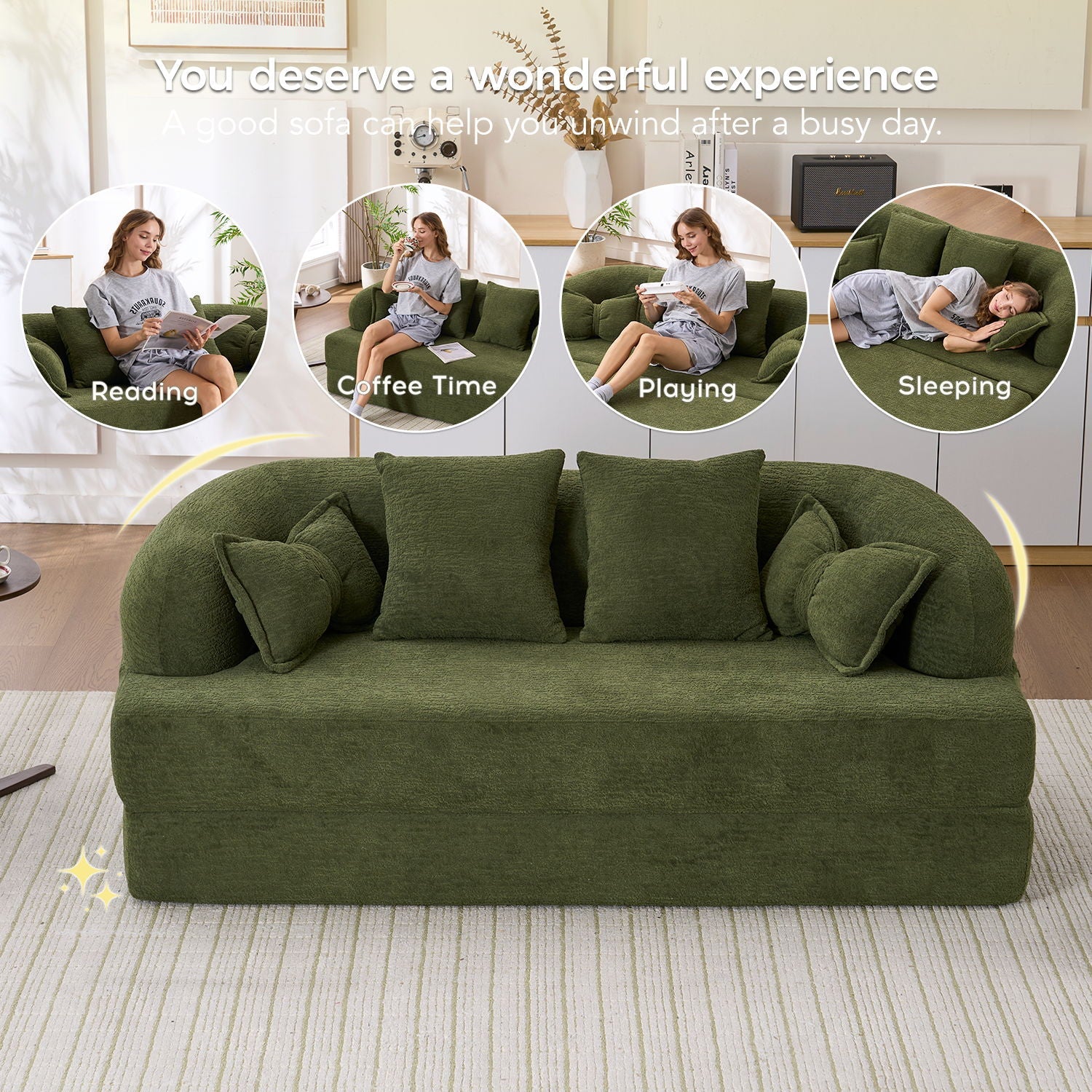 Foldable Sofa Bed, Boneless Couch Convertible Sleeper With 4 Pillows Home Essentials