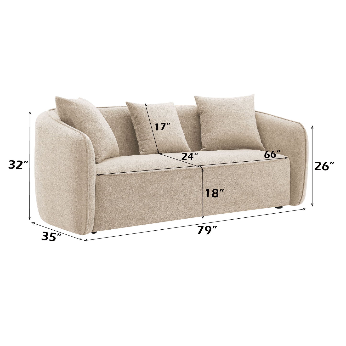 Keith - Sofa With 3 Pillows, Living Room Seating - Beige Home Essentials