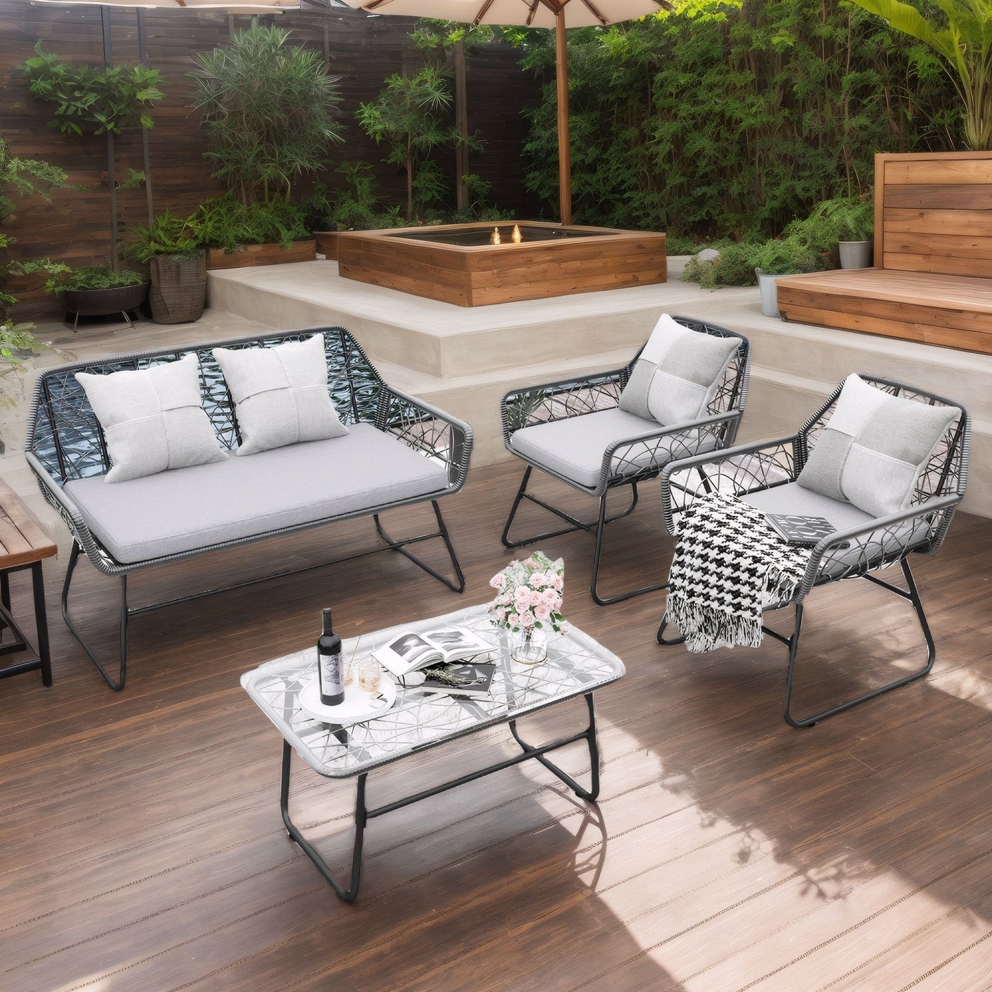 4 Piece Wicker Patio Furniture Set With Tempered Glass Table And Detachable Cushions Home Essentials