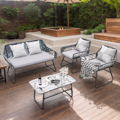 4 Piece Wicker Patio Furniture Set With Tempered Glass Table And Detachable Cushions Home Essentials