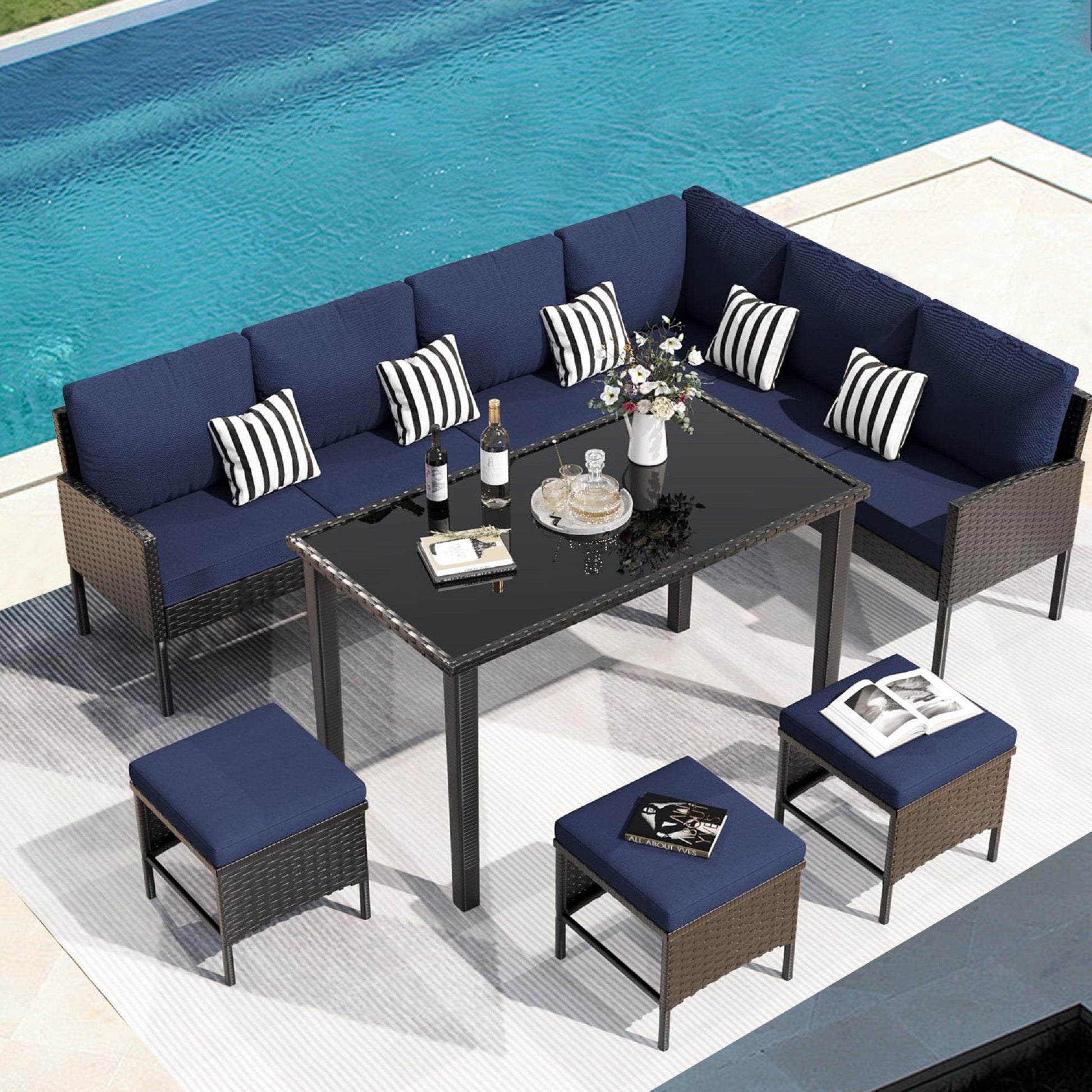7 Piece Outdoor Furniture Set With Waterproof Cushions, Glass Table, And Space Saving Design - Blue Home Essentials