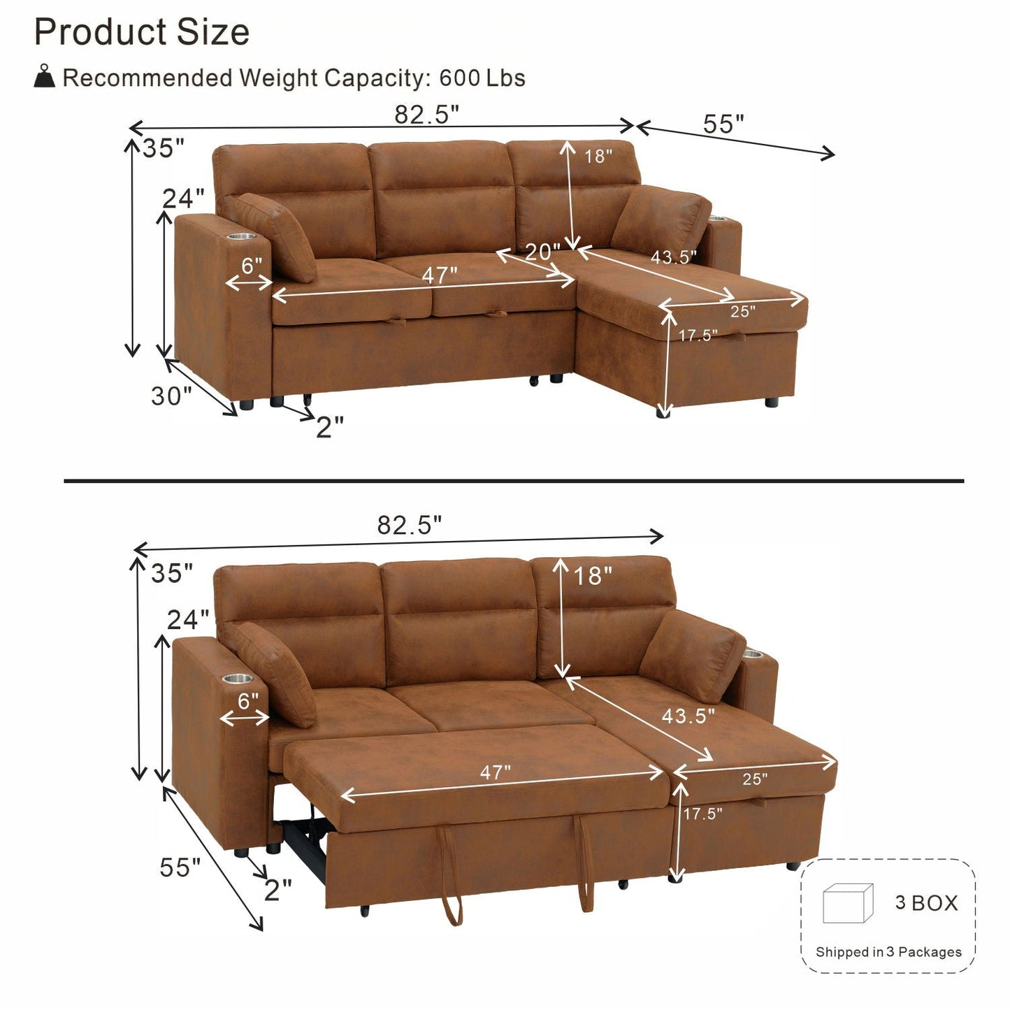 Convertible L - Shaped Sectional Sofa Bed With Storage Chaise, Cup Holders Home Essentials