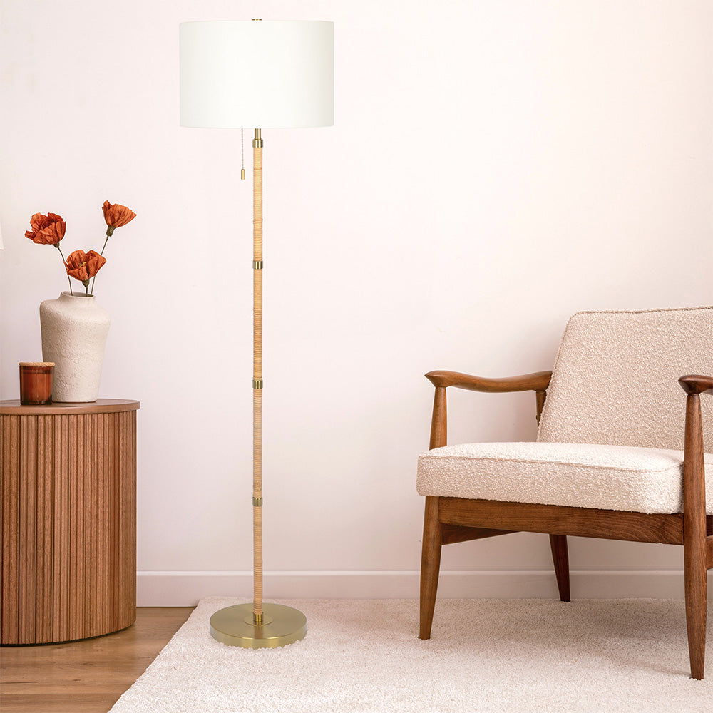 Stellar - Linen Shade Floor Lamp - Gold / Natural Wood / Rattan / White Ashcroft Furniture