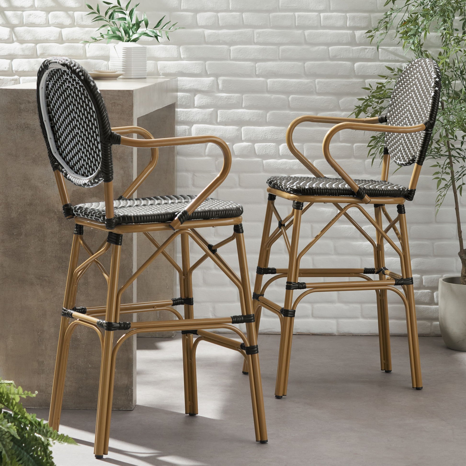 Outdoor Wicker And Aluminum French Barstools (Set of 2) Noble House