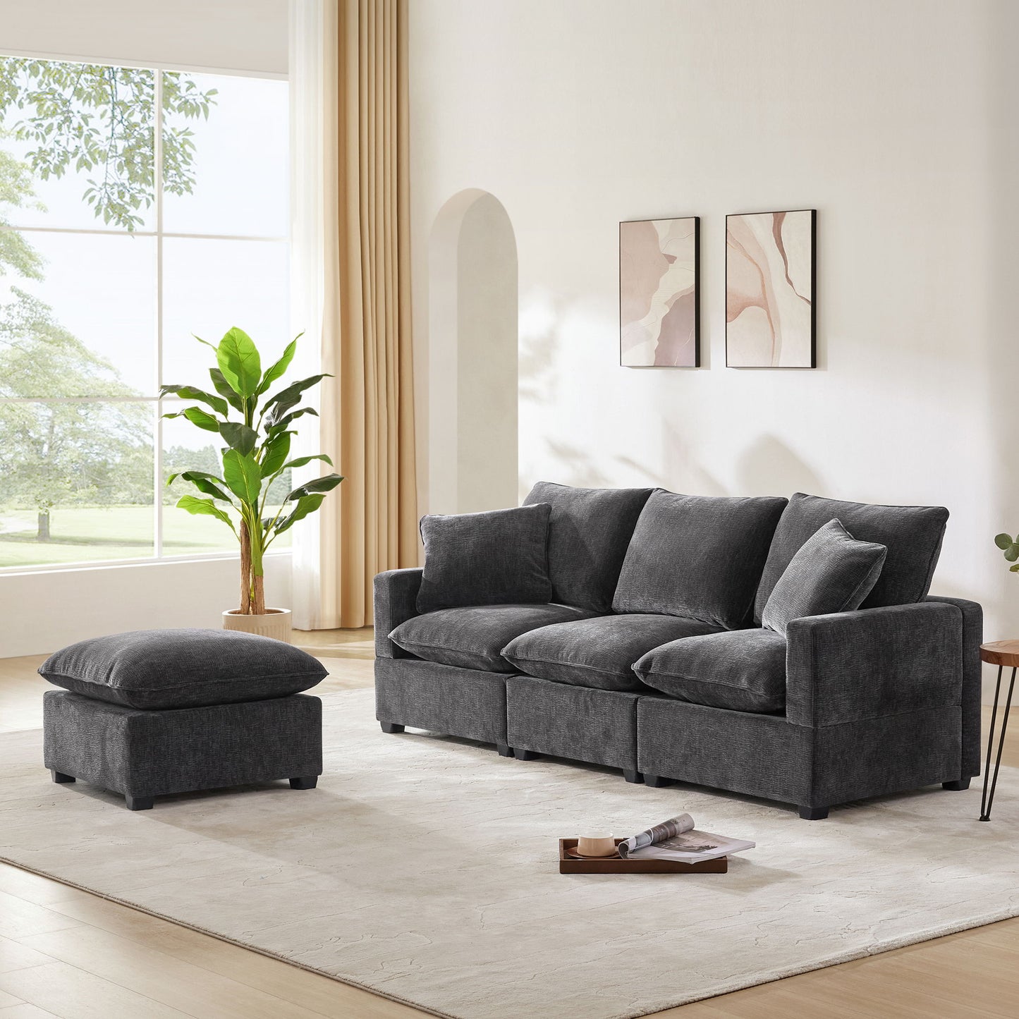 Modern Modular Sofa, 4 Seat Chenille Sectional Couch Set With 2 Pillows Included, Freely Combinable Indoor Funiture For Living Room