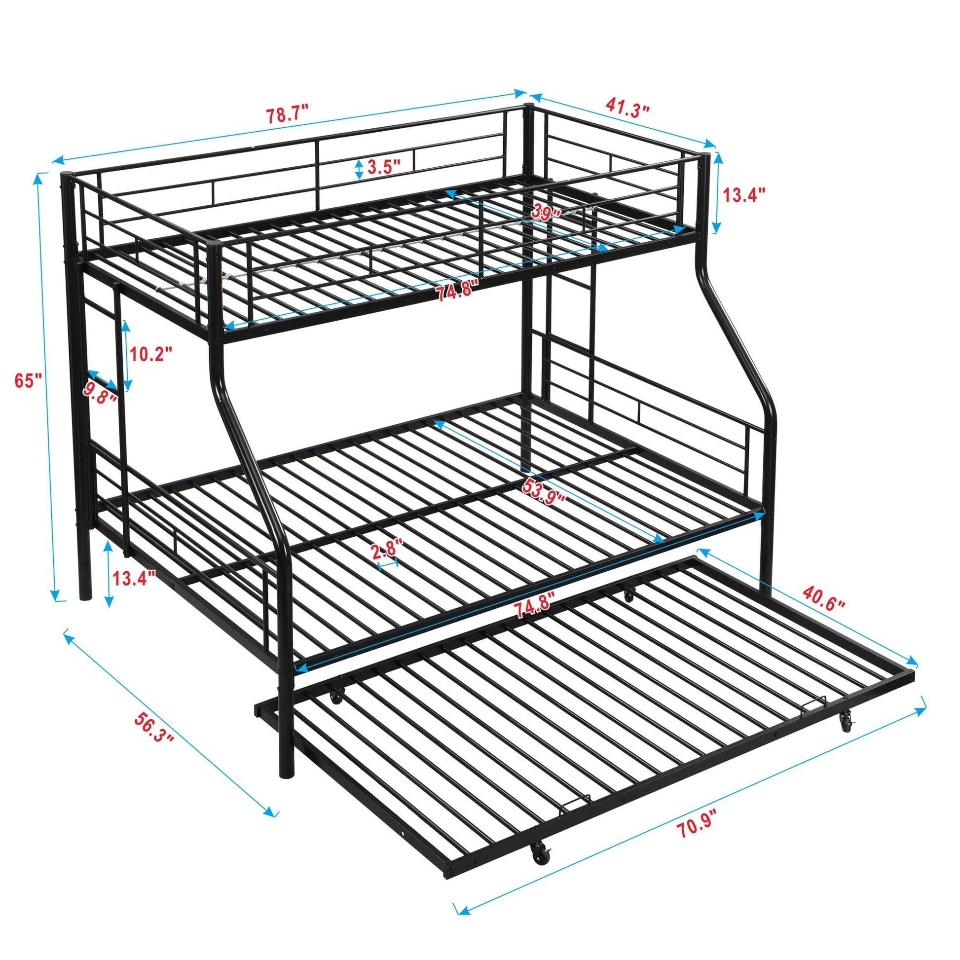 Twin Over Full Modern Metal Bunk Bed With Trundle - Black Home Essentials