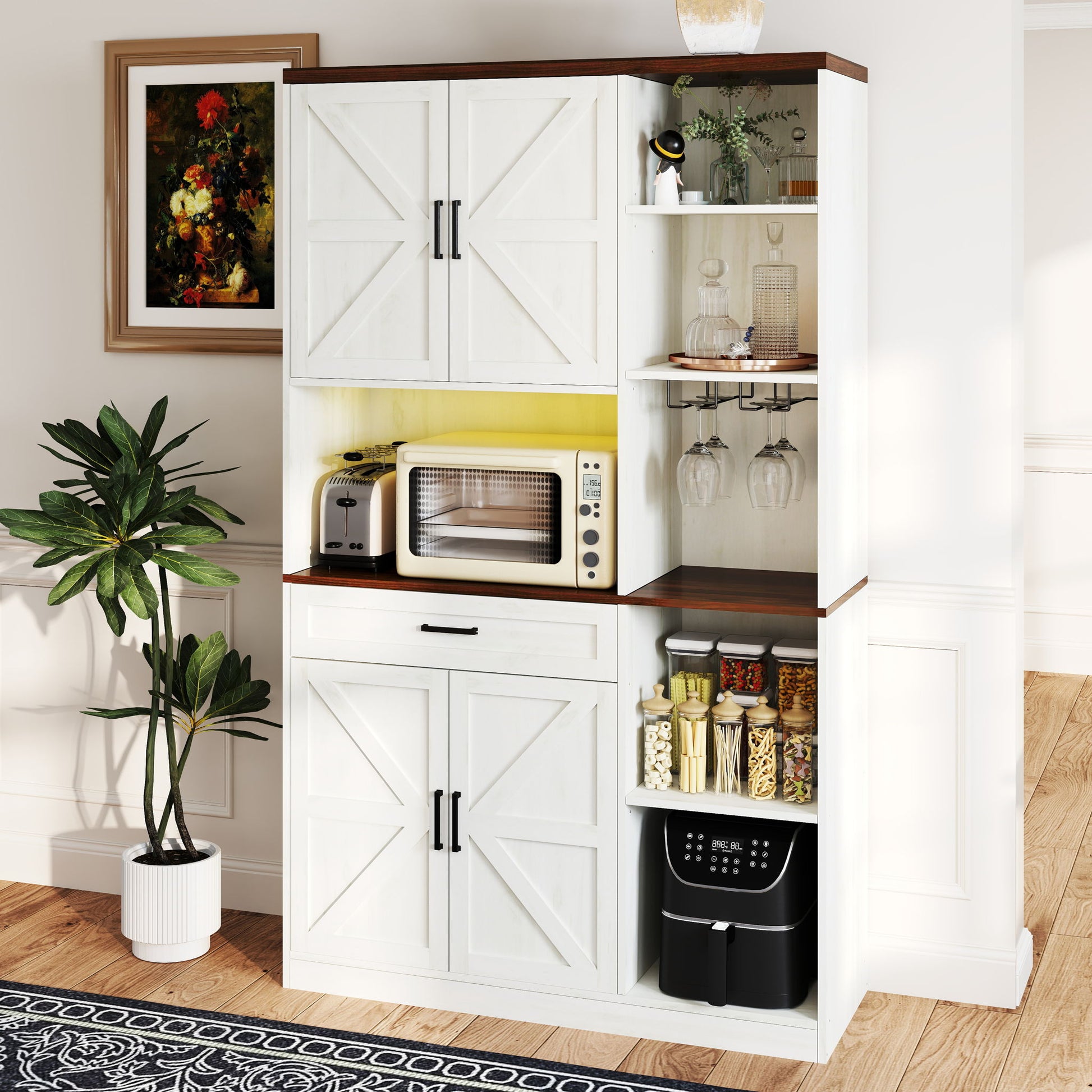 Farmhouse Kitchen Pantry Sideboard With Cabinet And Drawer, Multi Functional Kitchen Buffet With Hutch And Glass Holder, Microwave Stand With Charging Station - Brown / Antique White Home Essentials