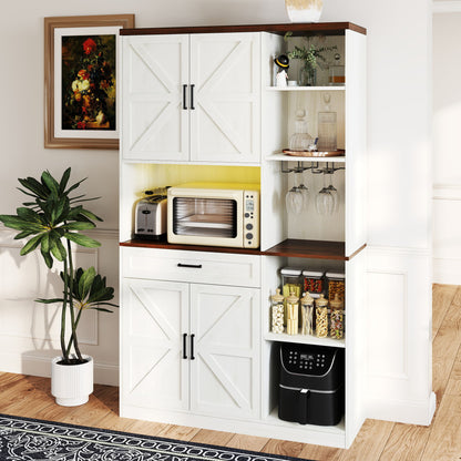 Farmhouse Kitchen Pantry Sideboard With Cabinet And Drawer, Multi Functional Kitchen Buffet With Hutch And Glass Holder, Microwave Stand With Charging Station - Brown / Antique White Home Essentials
