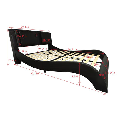 Upholstered Platform Bed Frame With LED Lighting, Bluetooth Connection To Play Music Control, Backrest Vibration Massage, Curve Design, Wood Slat Support, Exhibited Speakers Home Essentials