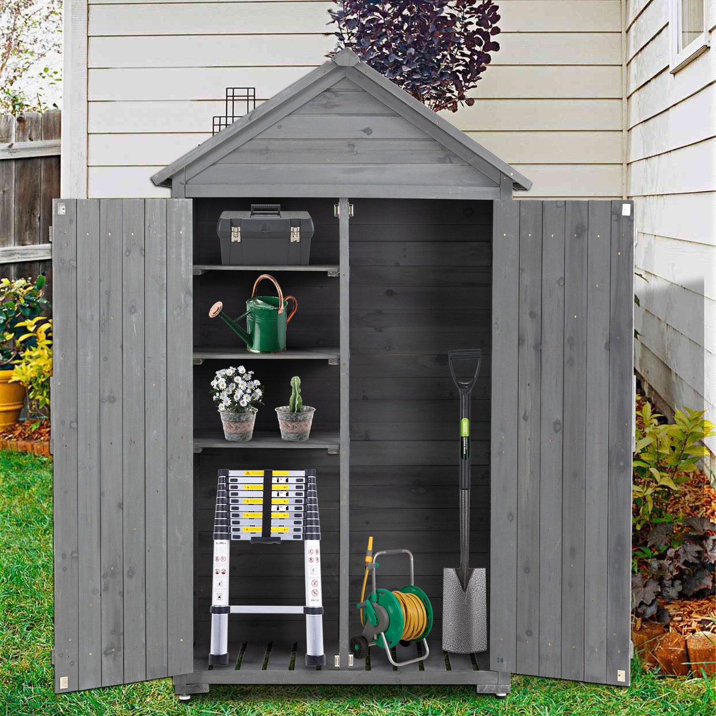 Outdoor Storage Cabinet, Garden Wood Tool Shed, Outside Wooden Shed Closet With Shelves And Latch For Yard Daily Nest
