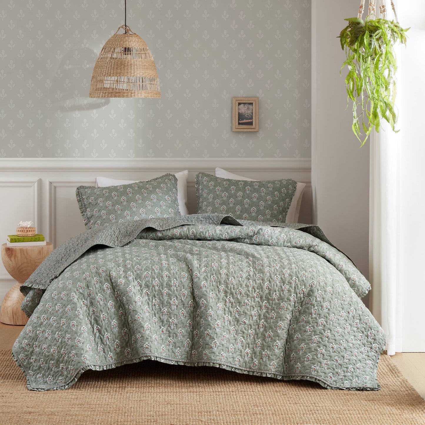 Linwood - King/California King 3 Piece Ruffle Printed Quilt Set - Sage Green Madison Park