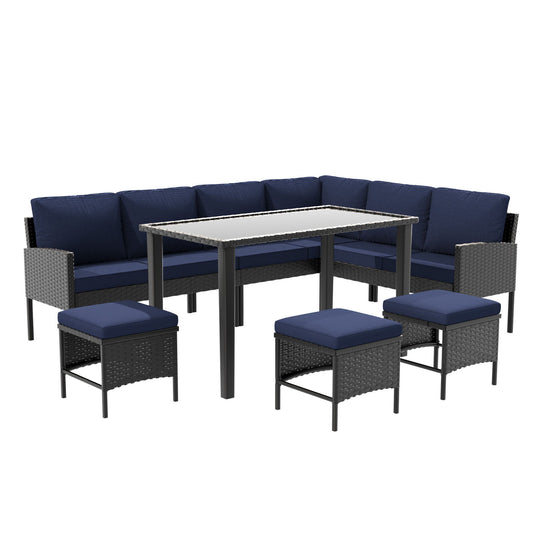 7 Piece Outdoor Furniture Set With Waterproof Cushions, Glass Table, And Space Saving Design - Blue Home Essentials