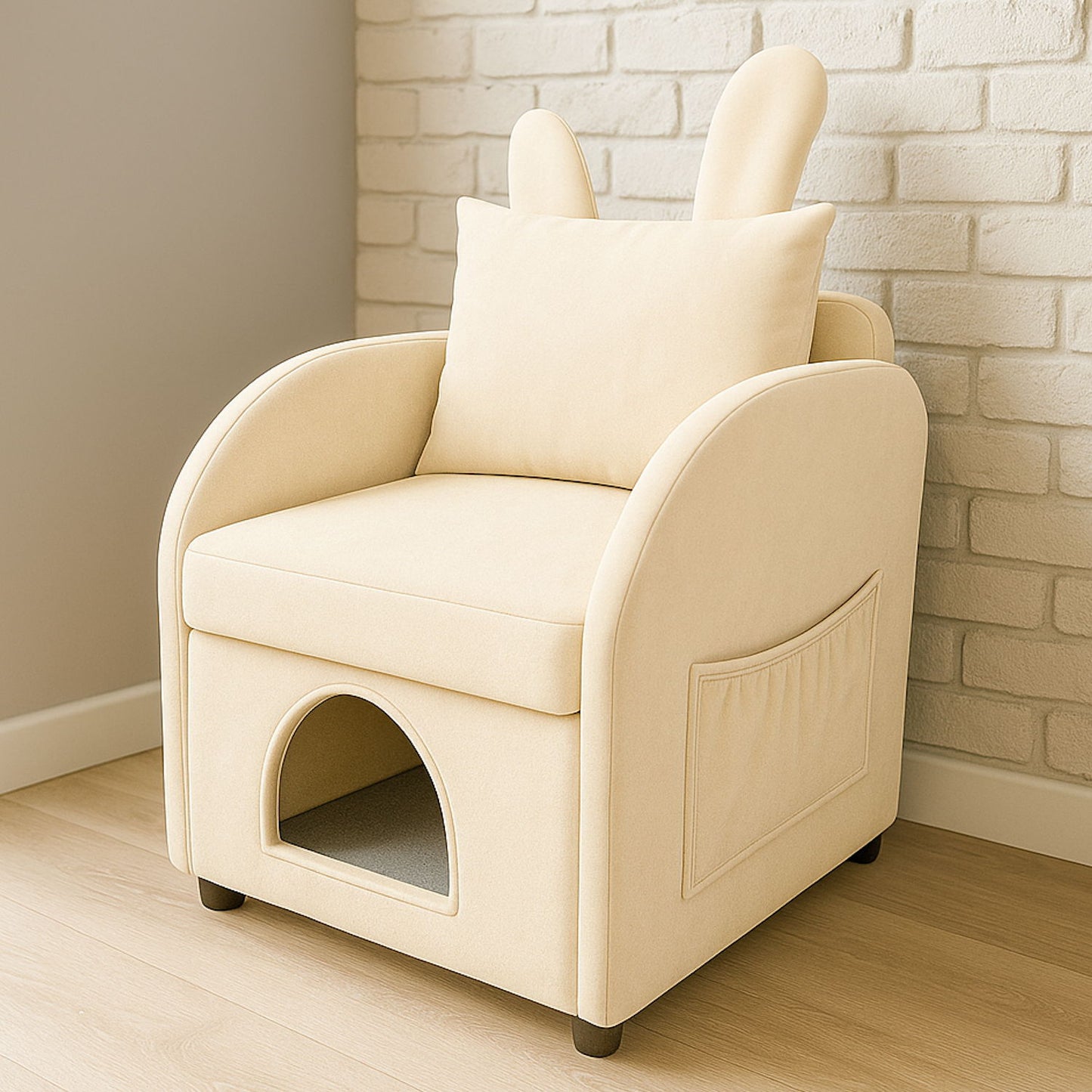 Bunny Ear Pet Friendly Armchair With Hidden Pet House With Storage Pocket For Bedroom & Living Room - Beige Home Essentials