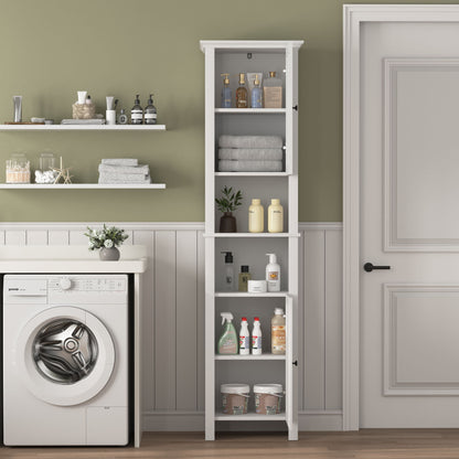 Wooden Bathroom Floor Storage Cabinet With 2 Doors And 6 Shelves - White Home Essentials