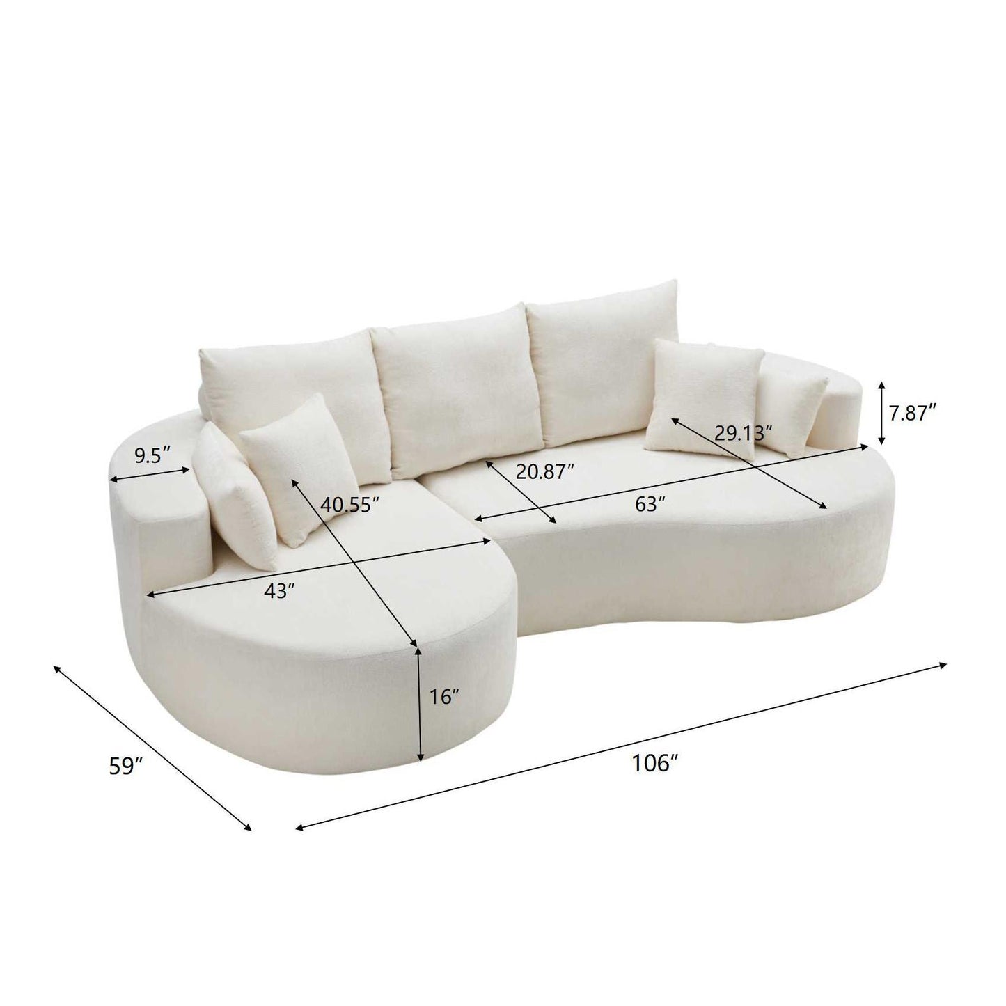 2 Piece Fabric Cloud Curved Sectional Sofa With Chaise For Living Room Noble House