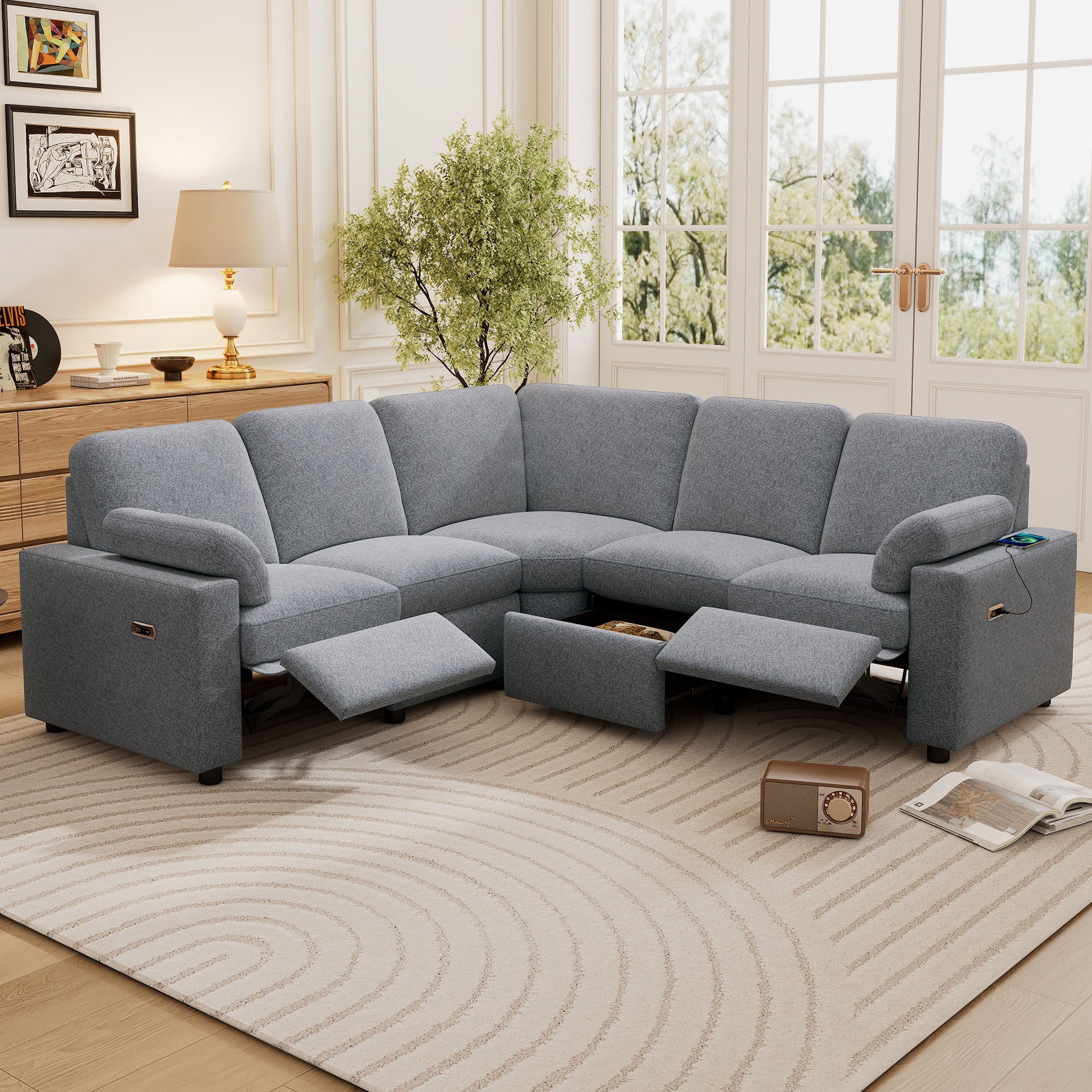 Power Recliner Sectional Sofa Home Theater Reclining Sofa With Two USB Ports, Two Storage Drawers For Living Room Hearth and Haven