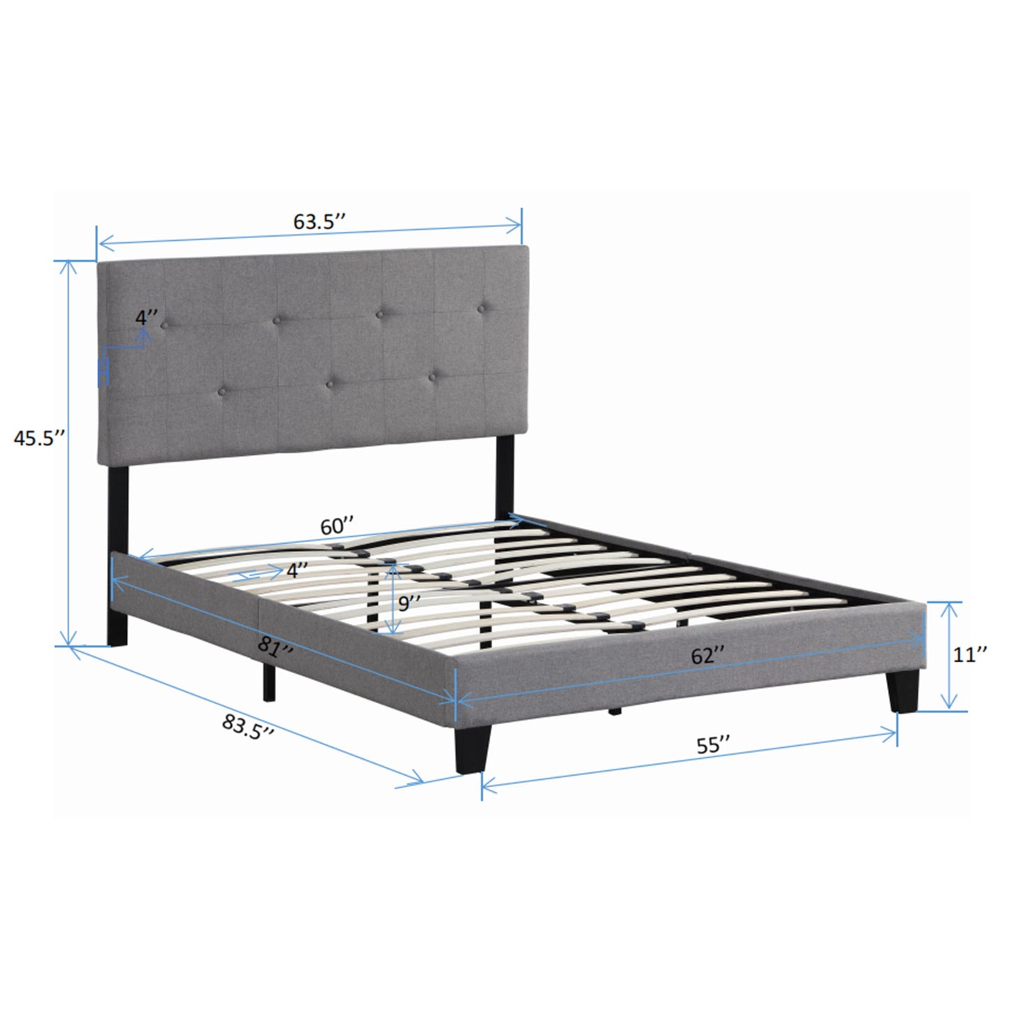 Queen Size Upholstered Platform Bed Frame With Button Tufted Linen Headboard, No Box Spring Needed, Wood Slat Support - Gray - Snoozhouse