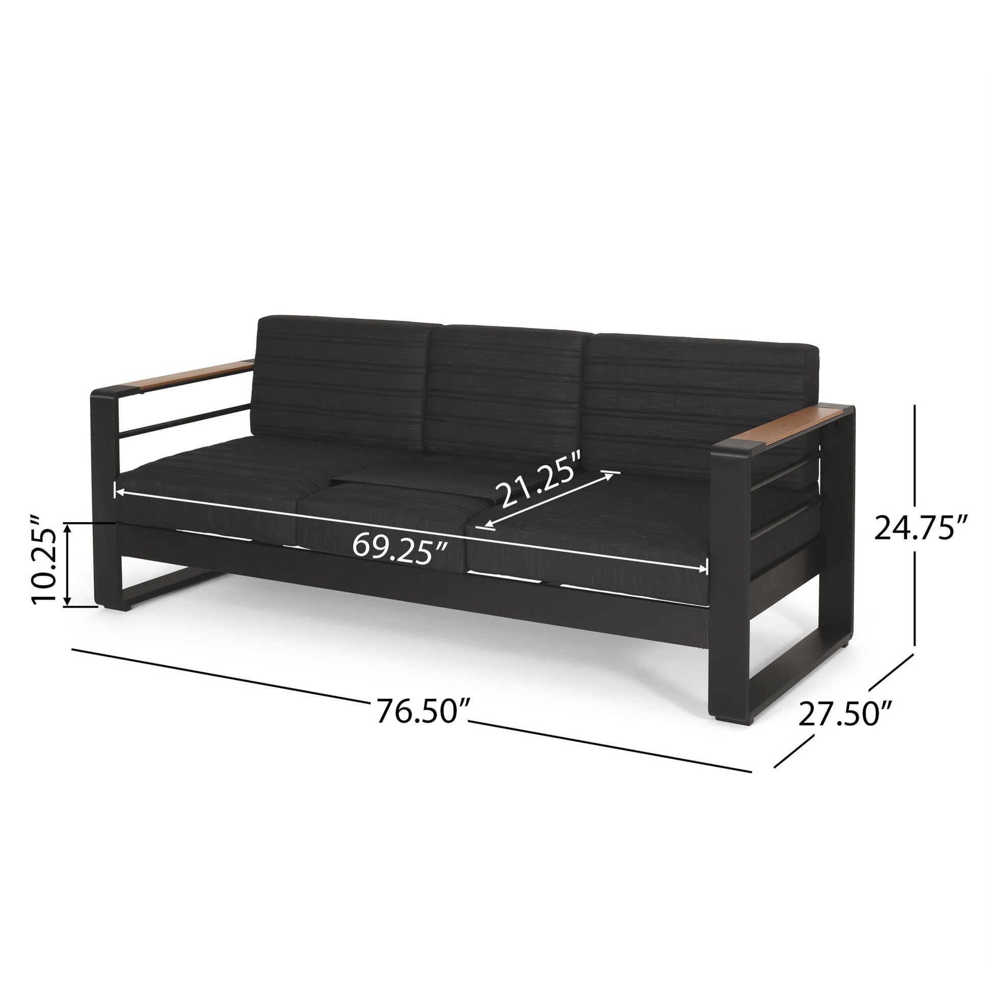 Giovanna - 3 Seater Sofa With Aluminum Frame And Water Repellence Cushions - Black Noble House