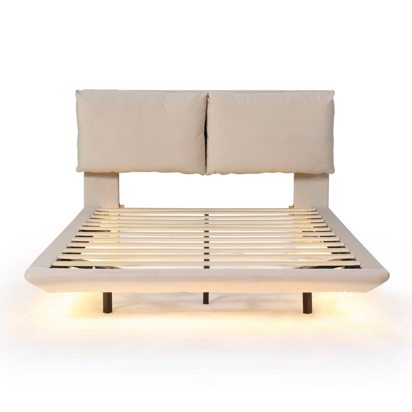 Upholstered Platform Bed With Sensor Light And 2 Large Backrests, With 2 Sets Of USB Port And Socket On Each Rear Bed Leg Halcyon Home