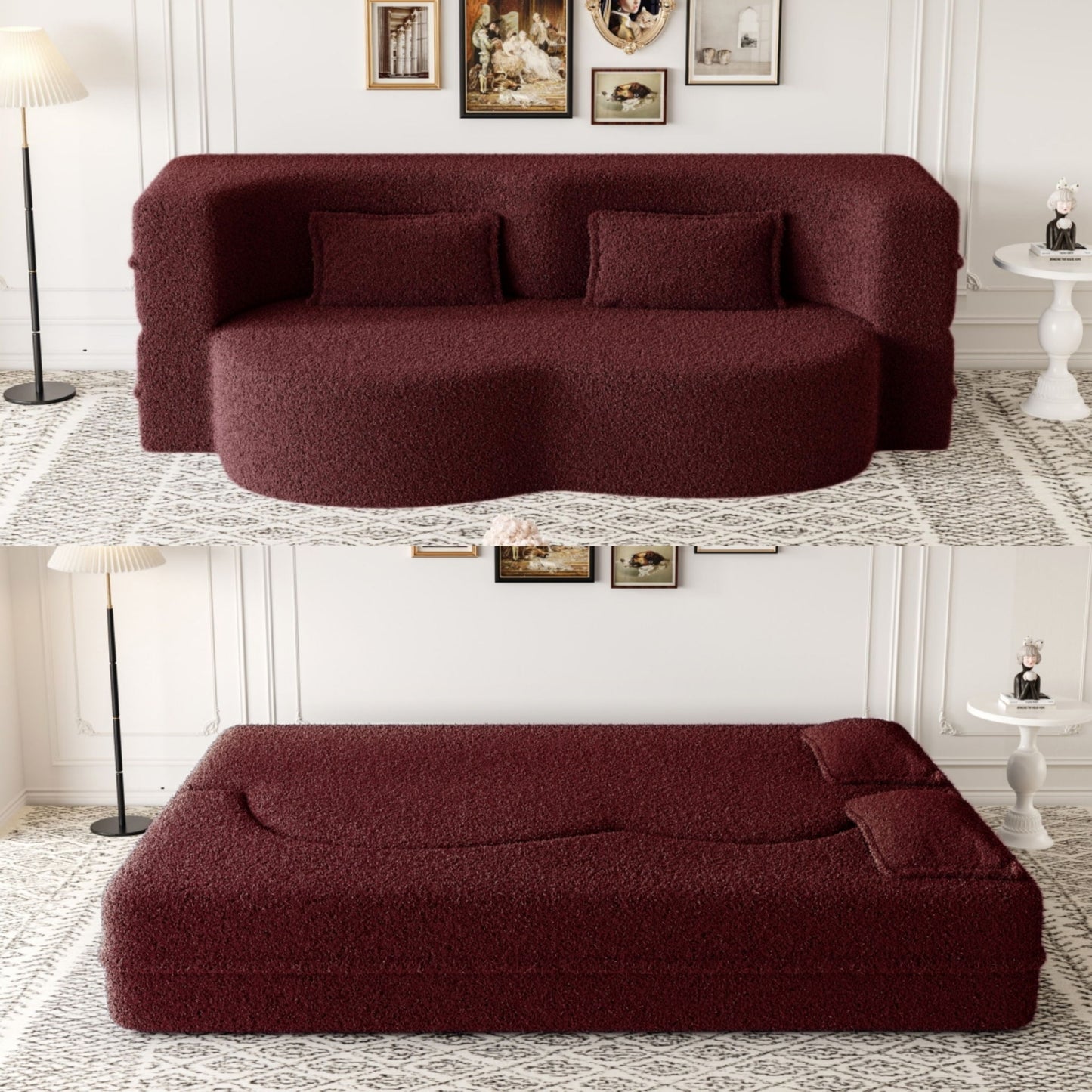 Modern Floor Sofa, With 2 Pillows, Convertible Teddy Fabric Foam Filled Bed Home Essentials