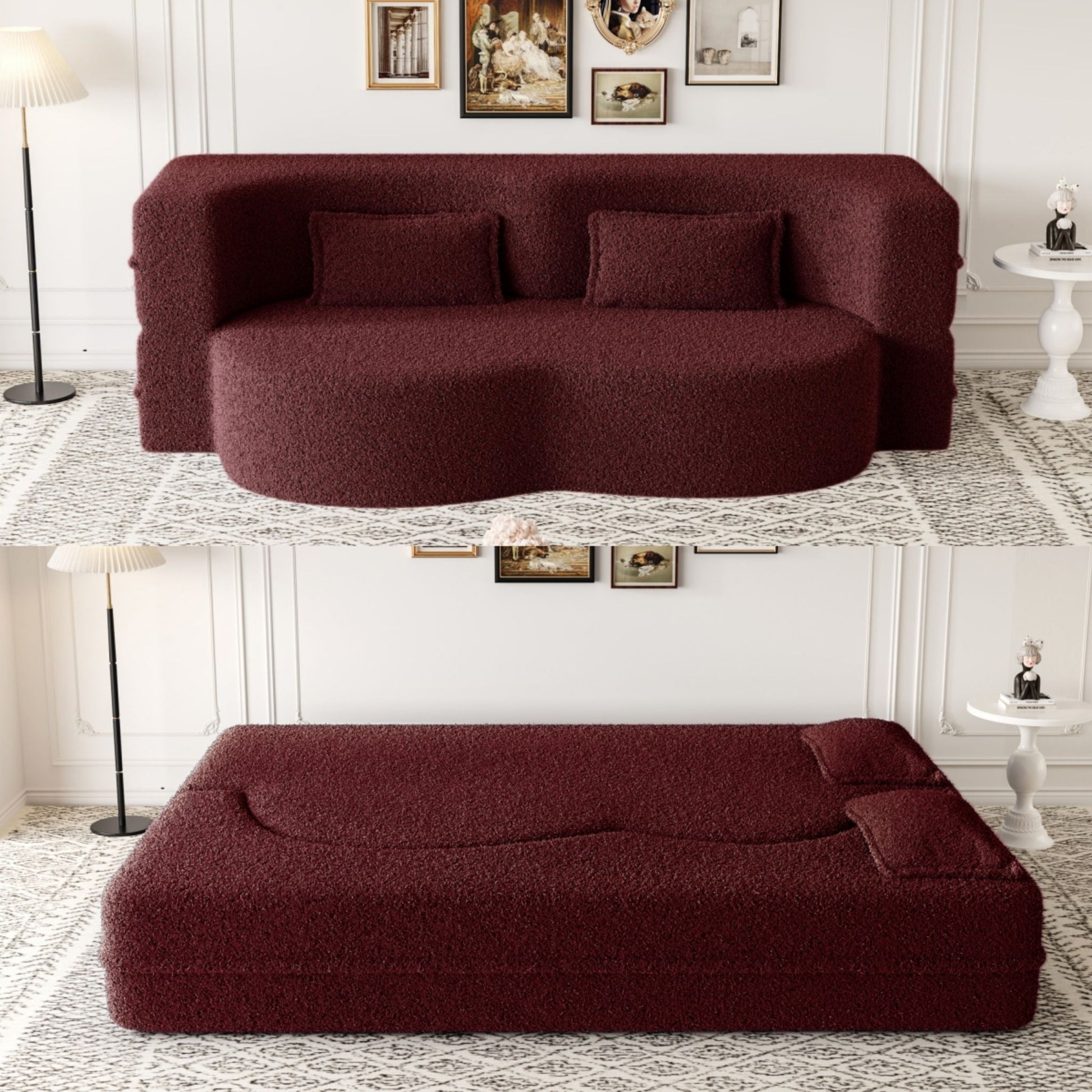 Modern Floor Sofa, With 2 Pillows, Convertible Teddy Fabric Foam Filled Bed Home Essentials