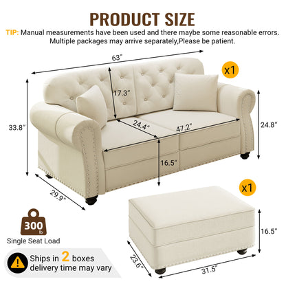 Upholstered Sofa Set With Nailhead Trim And Rolled Armrests, Includes Pillows Home Essentials