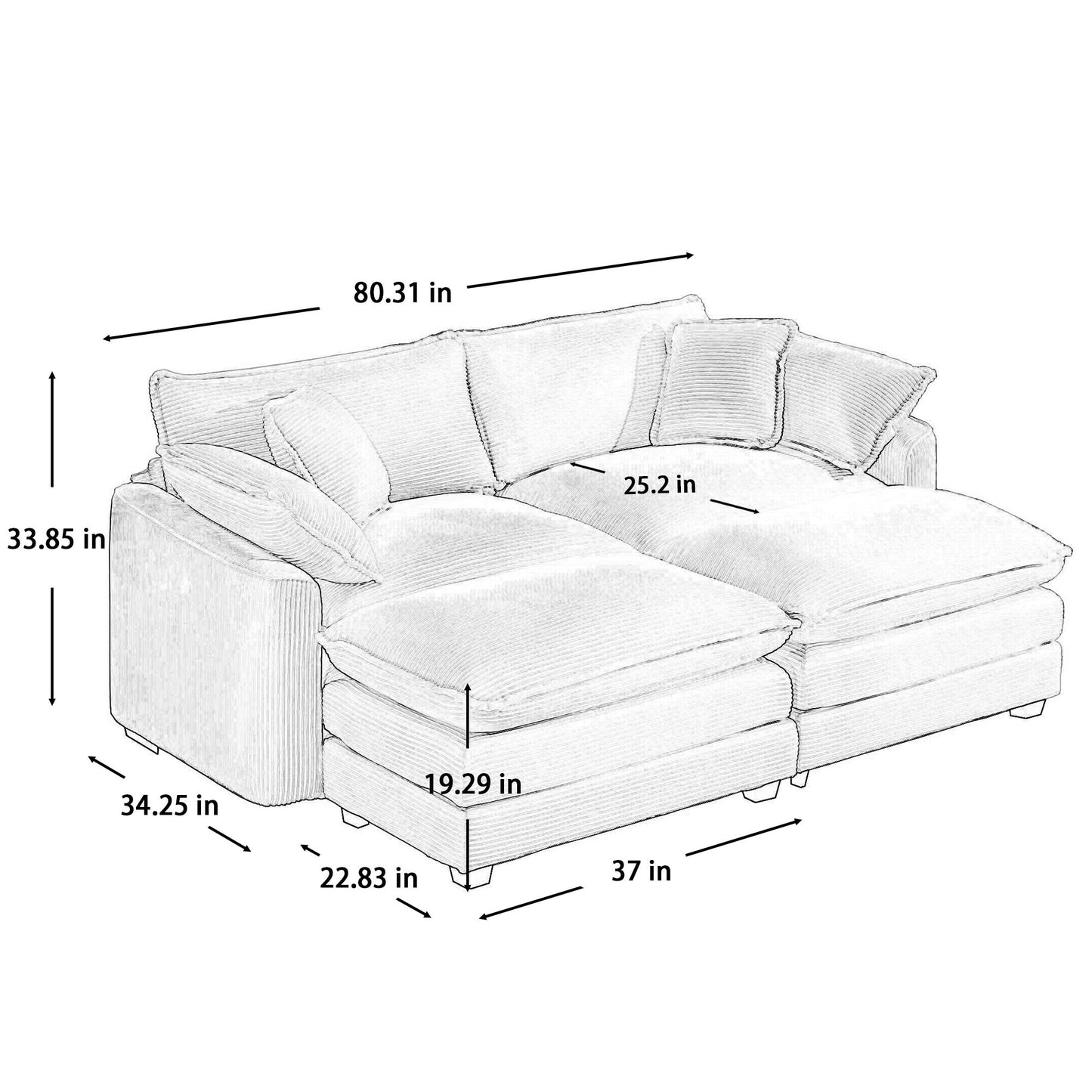 Modern Oversized Modular Cushion Sofa With Ottoman, Low Back, Deep Seating Sofa Set Home Essentials
