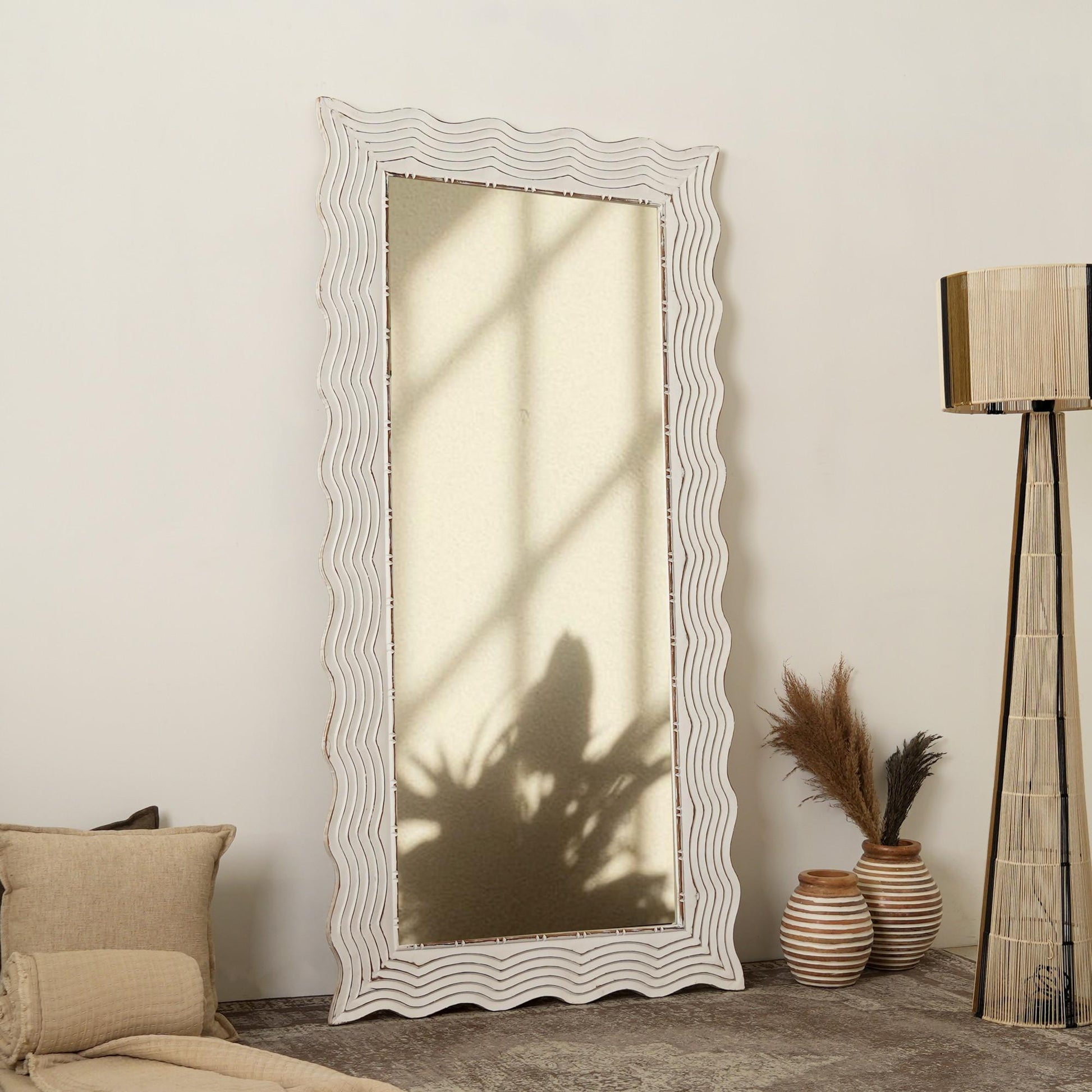 Handcarved Wave Design Rectangle Mirror Accent Enhancing Space - Antique White Daily Nest