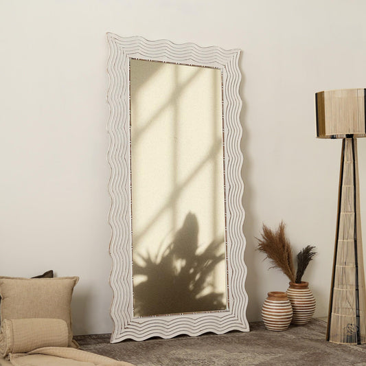 Handcarved Wave Design Rectangle Mirror Accent Enhancing Space - Antique White Daily Nest